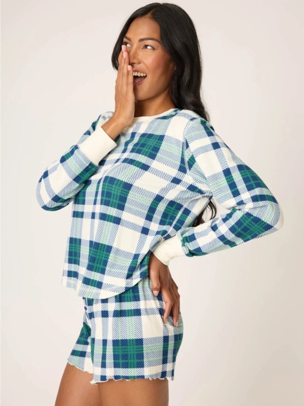 PJ Salvage Plaid Knit Pajama Set - Blue, Green & White Thermal Velour